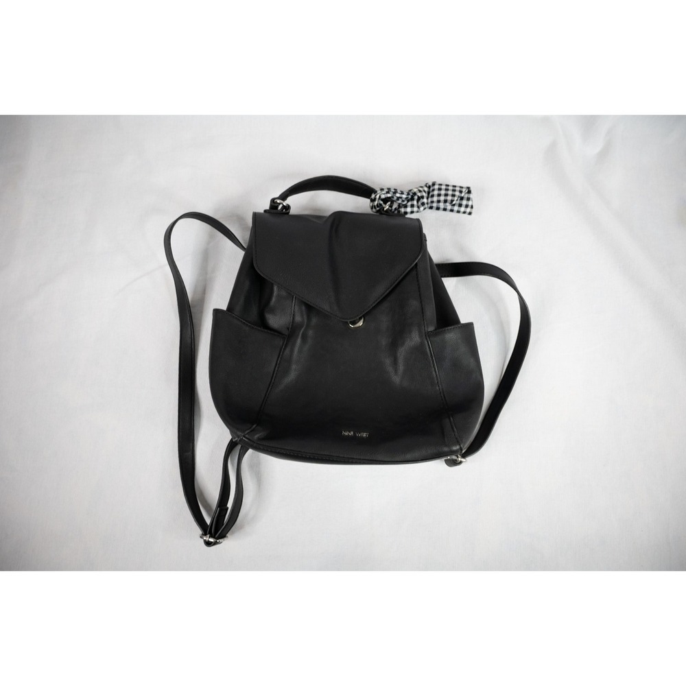 Nine West Backpack Purse Bag Black Excellent Faux Leather Gingham Bow Accent‎